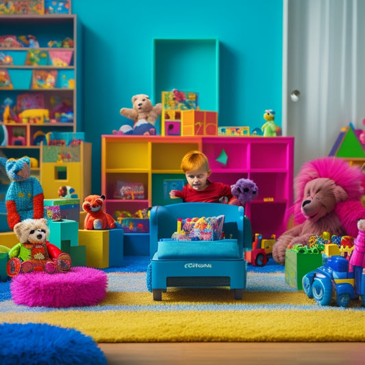 A colorful playroom scene with a Costzon kids toy box in the center, surrounded by toys, blocks, and stuffed animals, with a happy child in the background playing with a toy car.