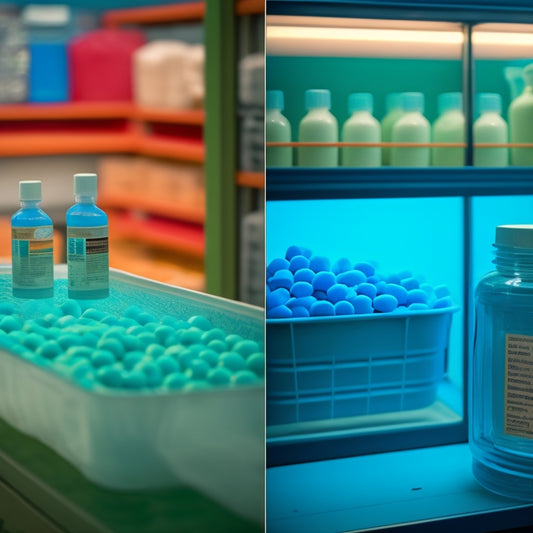 A split-screen image featuring a well-organized storage container filled with chlorine tablets, alongside a cluttered and humid storage area with damaged or expired tablets, with a pool blurred in the background.