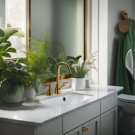 A bright, modern bathroom with a gleaming sink, faucet, and mirror, adorned with sparkling crystals and a lush green plant, surrounded by soft, natural light and a subtle marble backdrop.