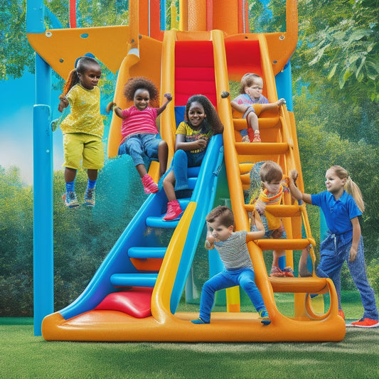 A colorful illustration of diverse kids, aged 4-10, playing and climbing on various fun climbers, including a bright blue jungle gym, a curved orange slide, and a yellow rope ladder, set against a sunny green park background.