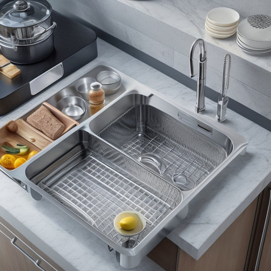 A modern kitchen sink with a stainless steel organizer tray system, featuring separate compartments for soap, sponges, and utensils, surrounded by sleek countertops and a subtle tile backsplash.