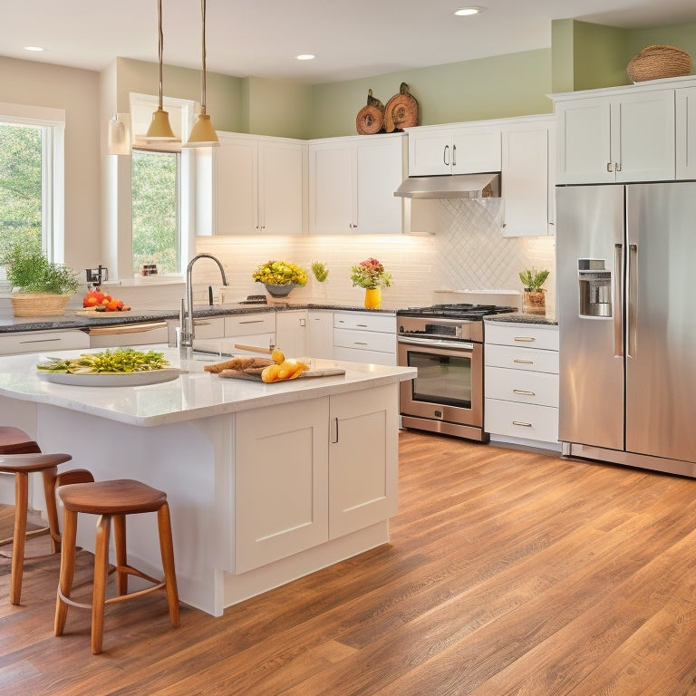 A bright, modern kitchen with sleek white cabinets, warm wood flooring, and stainless steel appliances, showcasing a harmonious "work triangle" layout with ample counter space and a large central island.