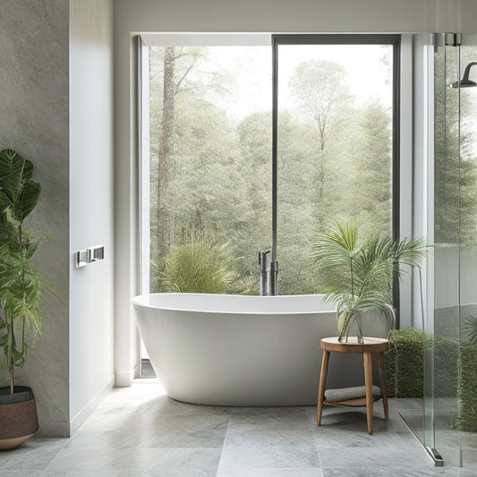 A modern bathroom with a freestanding tub, gray marble walls, and a rainfall showerhead faucet in polished chrome, surrounded by lush greenery and soft, warm lighting.