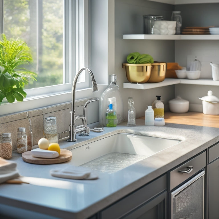 A tidy, modern kitchen sink area with a few strategically placed, sleek, and transparent under-sink organizers showcasing neatly arranged cleaning supplies, scrubbers, and sponges in a warm, natural light.