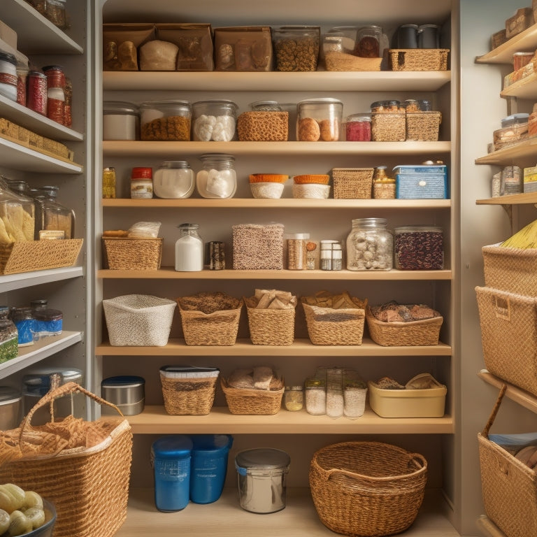 A cluttered pantry shelf overflowing with mismatched containers, crumpled bags, and expired cans transforms into a tidy, labeled space with baskets, bins, and a pegboard, surrounded by soft, warm lighting.