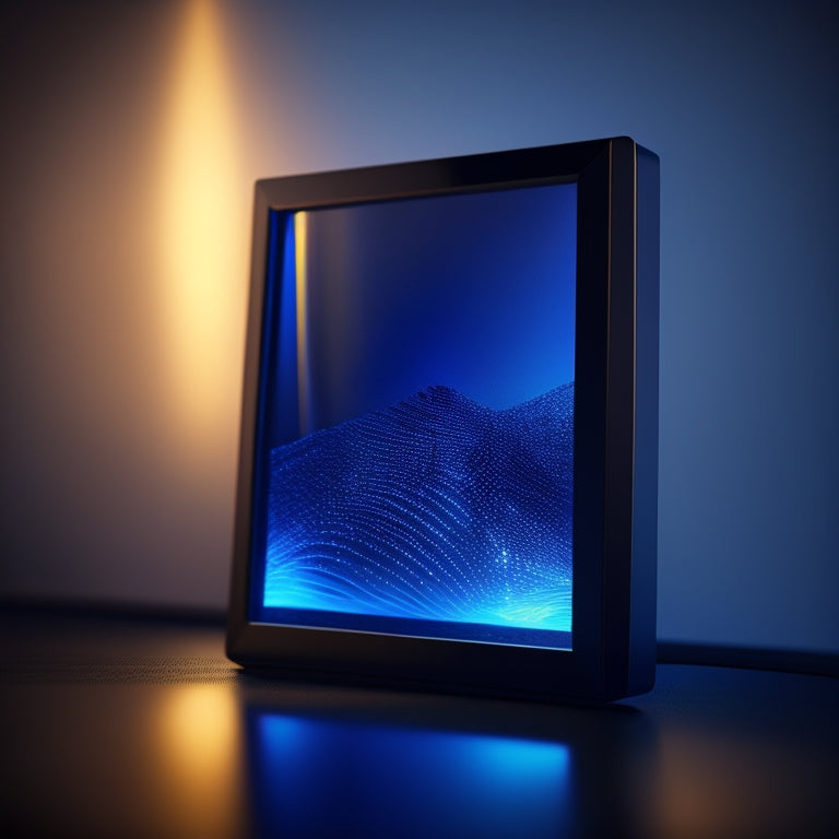 A sleek, modern digital photo frame with a glowing aura surrounding it, surrounded by subtle, swirling patterns of light, set against a dark blue or black background with subtle gradient effects.