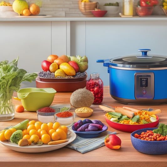 A clutter-free kitchen counter with a utensil organizer, a row of colorful spices on a magnetic strip, and a slow cooker with a steaming hot meal, surrounded by fresh fruits and vegetables.