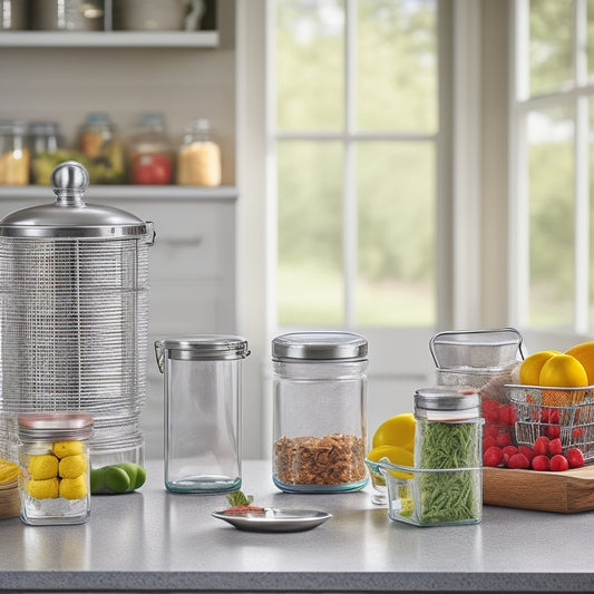 A tidy kitchen countertop with a stainless steel insulin cooler, a set of labeled glass storage jars, a stack of reusable containers, and a wire basket filled with fresh produce.