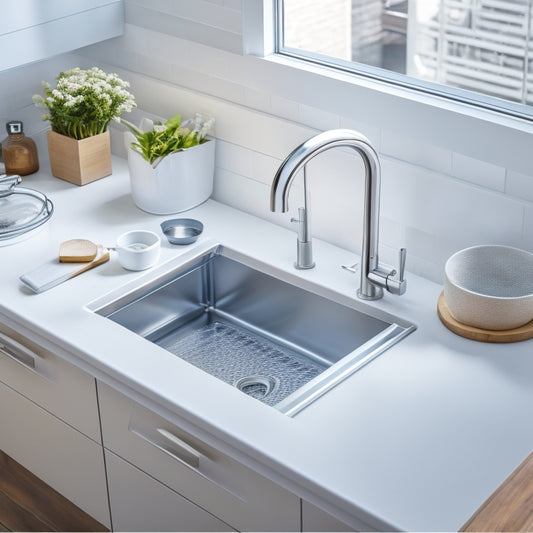A clutter-free kitchen sink area with a sleek, modern sink and a stainless steel organizer system, featuring a utensil holder, soap dispenser, and sponge tray, set against a crisp white background.