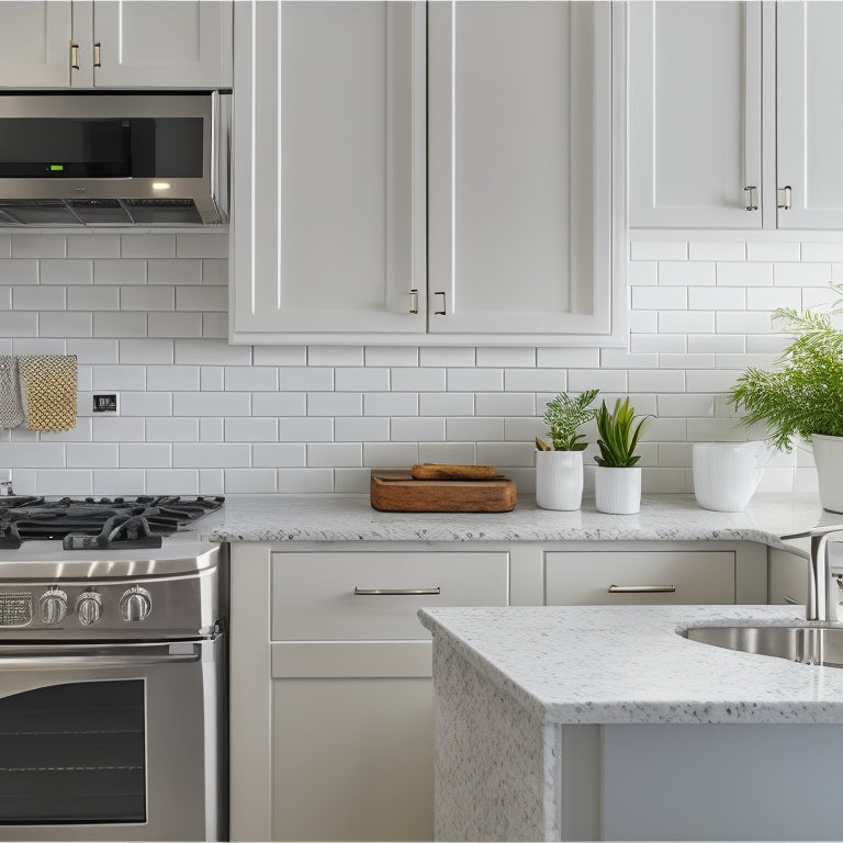 A serene, well-organized kitchen with a Command Sponge Caddy mounted on a pristine white tile backsplash, holding a single, fluffy white sponge, surrounded by gleaming stainless steel appliances.