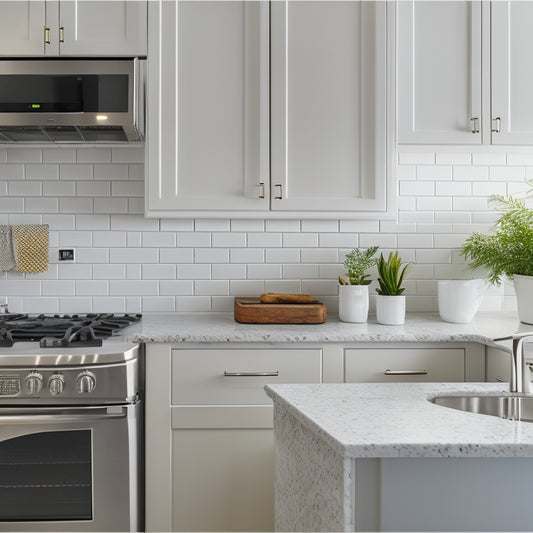 A serene, well-organized kitchen with a Command Sponge Caddy mounted on a pristine white tile backsplash, holding a single, fluffy white sponge, surrounded by gleaming stainless steel appliances.