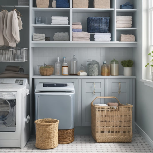 A tidy, well-lit laundry room with a labeled, three-tiered shelving unit, holding color-coded cleaning products, a woven basket, and a compact vacuum, against a calming, light-gray background.