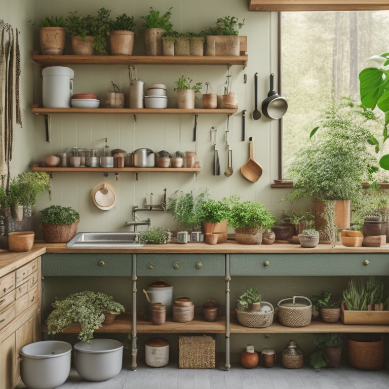 A tidy kitchen with a pegboard on a wall, holding utensils and pots, surrounded by organized shelves, baskets, and a few potted plants, with a warm, natural light filtering through a window.