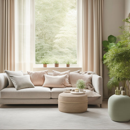 A minimalist living room with a plush cream-colored sofa, adorned with H&M Home's geometric patterned throw pillows and blankets in shades of blush, sage, and ivory, surrounded by lush greenery.
