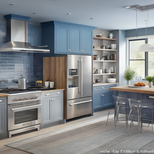 An illustration of a modern kitchen with distinct zones: a cooking zone with a stainless steel range and hood, a prep zone with a large island and sink, and a storage zone with floor-to-ceiling cabinets.