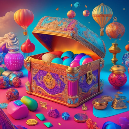 A vibrant, stylized illustration of a treasure chest overflowing with colorful, swirling shapes and icons representing various resources and opportunities, set against a bright, sunny background.