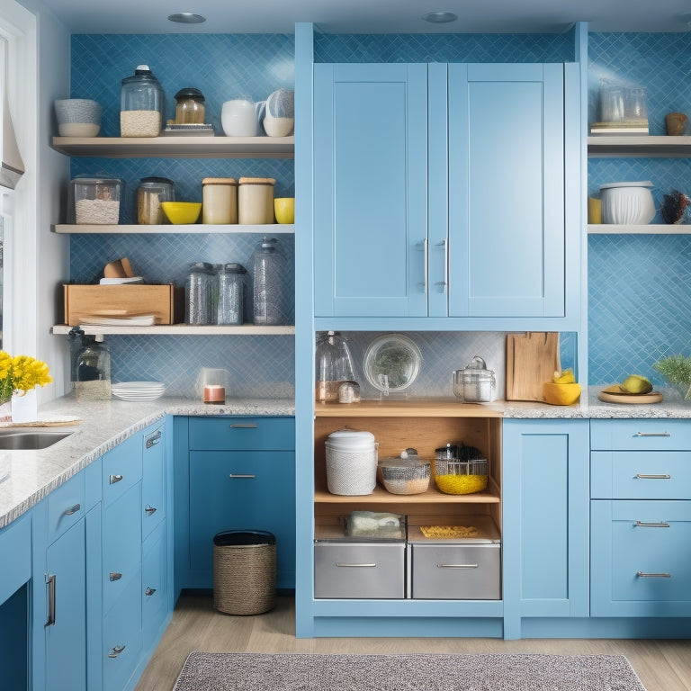 A bright, modern kitchen with open cabinets revealing organized shelves, baskets, and removable adhesive hooks, alongside a utensil organizer attached to the side of a cabinet, and a pull-out trash can.
