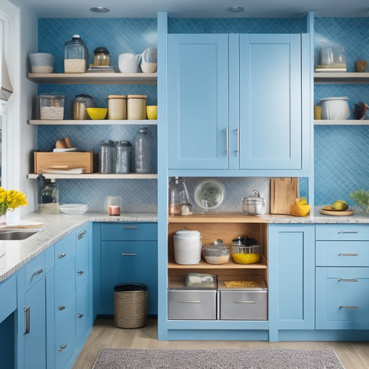 A bright, modern kitchen with open cabinets revealing organized shelves, baskets, and removable adhesive hooks, alongside a utensil organizer attached to the side of a cabinet, and a pull-out trash can.