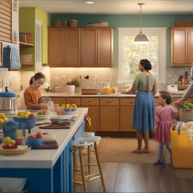 A warm and organized kitchen scene: a tidy island with a few carefully placed appliances, a calendar on the wall, and a few colorful storage bins, surrounded by happy, blurred family members in motion.