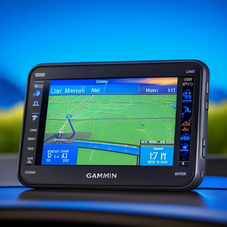 A sleek, black Garmin GPS device with a glowing screen displaying a 3D flight map, set against a blurred background of an airplane cockpit, with subtle hints of blue and silver accents.