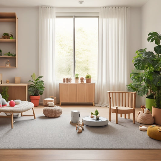 A serene, well-lit, modern playroom with a mix of wooden and minimalist furniture, showcasing a variety of Montessori materials and toys, surrounded by lush green plants and natural textiles.