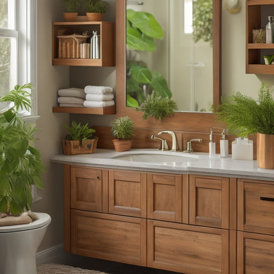 A tidy bathroom countertop with two identical sinks, surrounded by matching wooden cabinets, drawers, and a built-in shelf, featuring neatly arranged toiletries, towels, and decorative plants.