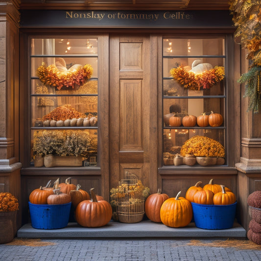 A warmly lit storefront with autumnal decorations, featuring a prominent Thanksgiving-themed window display with golden turkeys, orange pumpkins, and rustic wooden crates filled with seasonal products.