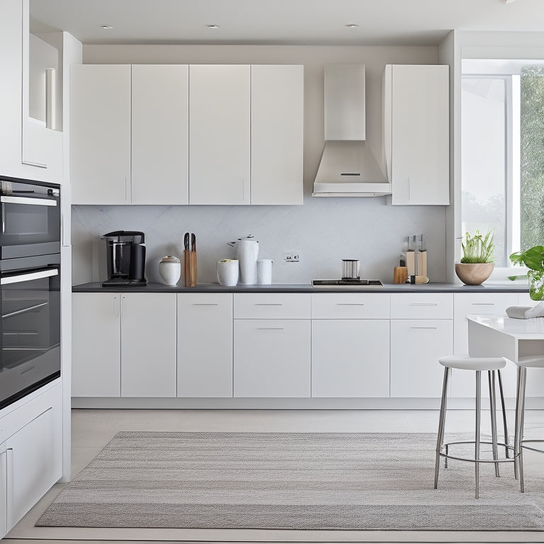 A modern kitchen with a sleek, white quartz countertop, featuring a built-in appliance garage with a toaster, blender, and coffee maker, surrounded by minimalist cabinetry and stainless steel accents.