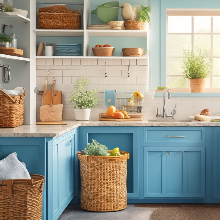 A tidy kitchen with a utensil organizer on the wall, a pull-out trash can, a knife block, and a few strategically placed baskets, all in a calming color scheme with plenty of natural light.