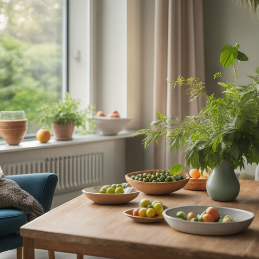 A serene living room with a lush green plant, a vase with fresh flowers, and a wooden table with a bowl of fresh fruits, surrounded by natural light and minimal decor.