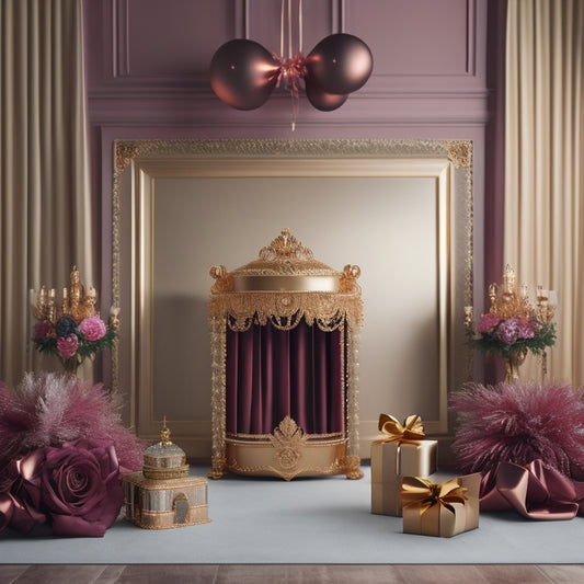 A luxurious, velvet-draped backdrop adorned with golden balloons and a majestic, ornate frame, showcasing an elegant, rose-gold gift box overflowing with sparkling party decorations and luxurious event favors.