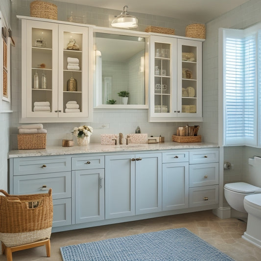 A beautifully organized bathroom with a wall-mounted cabinet featuring pull-out drawers, a recessed medicine cabinet with mirrored doors, and a freestanding storage unit with woven baskets.