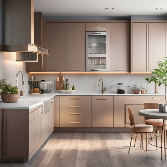 A modern kitchen with sleek, handle-less cabinets in a muted color palette, featuring a compact island with a built-in coffee station, a wall-mounted pot filler, and a stainless steel refrigerator with a touchless faucet.