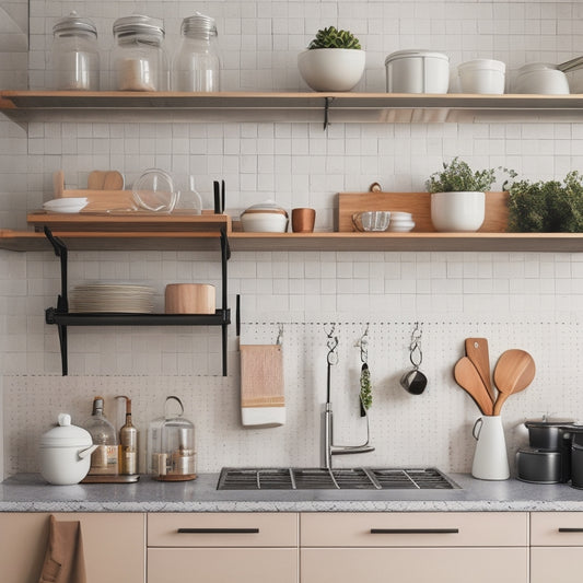 A minimalist, modern kitchen with sleek cabinetry, a compact island, and a pegboard on the wall, featuring a utensil organizer, a hanging pot rack, and a few strategically placed baskets.