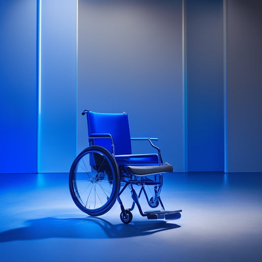 A modern, sleek, and minimalist background with a subtle gradient of blues, evoking feelings of innovation and trust. A futuristic wheelchair with glowing blue accents and sleek lines, centerstage.