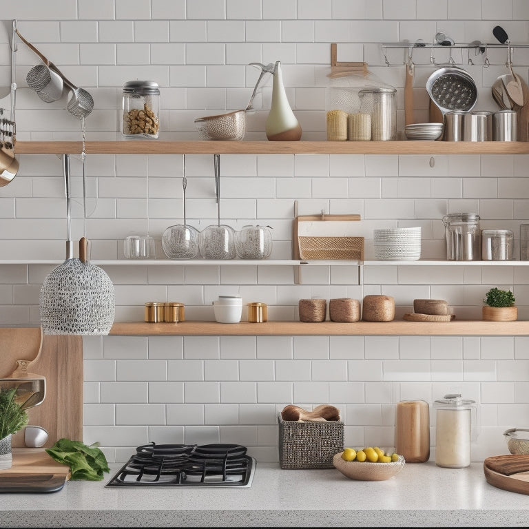 A modern, sleek one-wall kitchen with white cabinets, stainless steel appliances, and warm wood accents, featuring a pegboard with hanging utensils and a shelf with stacked cookbooks and baskets.