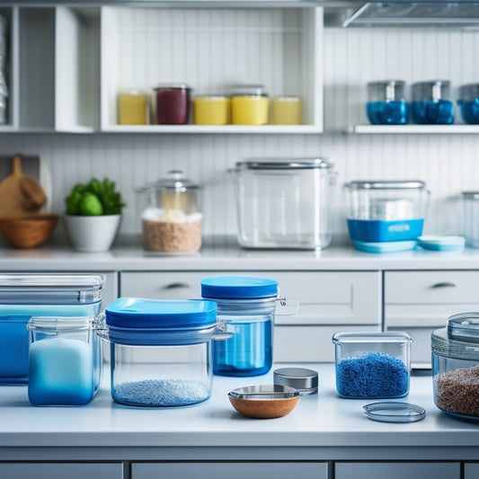 A tidy kitchen counter with a stack of identical, transparent storage containers in various sizes, each with a corresponding lid, alongside a utensil organizer and a few neatly arranged kitchen gadgets.