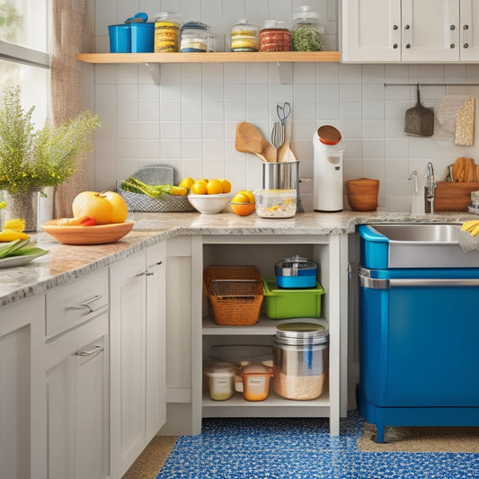 A bright, organized kitchen countertop with a utensil organizer, a built-in knife block, and a slide-out trash can, surrounded by a few strategically placed cooking essentials and a hint of natural light.