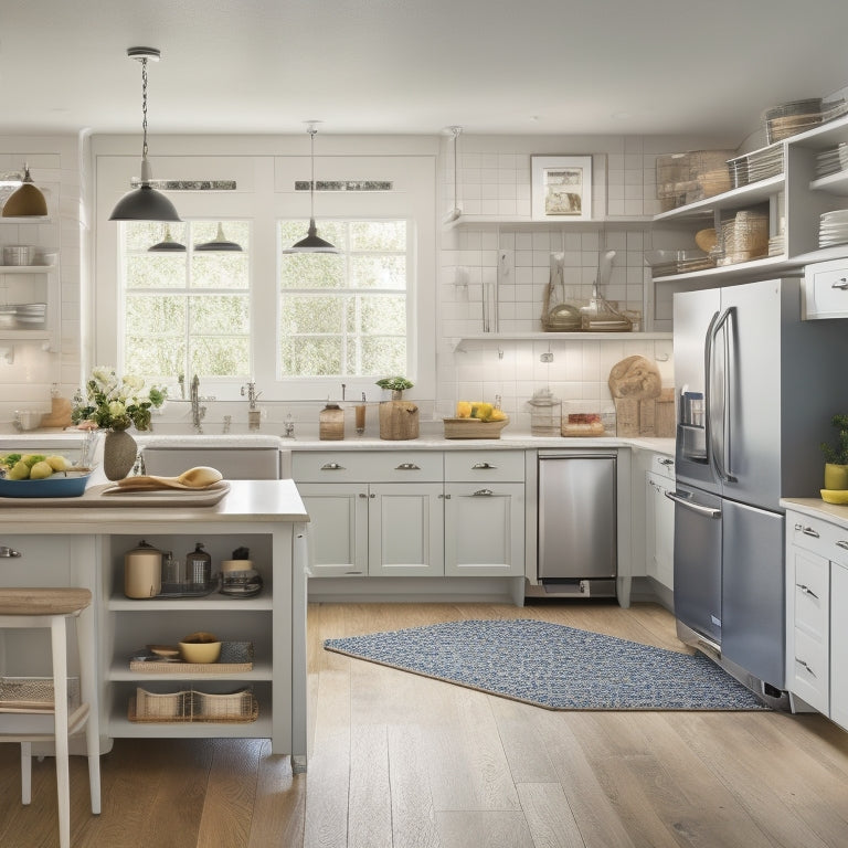 A clutter-free kitchen with a wheelchair-accessible island, adjustable-height countertops, and a pegboard with hanging utensils, alongside a pull-out pantry and a sink with a touchless faucet.