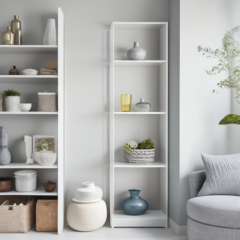 A clutter-free, L-shaped corner with a sleek, white, three-tiered shelving unit, holding a mix of decorative vases, books, and baskets, against a light gray wall with a subtle texture.