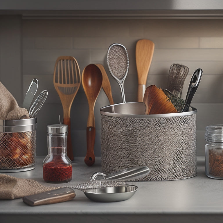 A tidy kitchen countertop with a built-in utensil organizer, featuring a row of sleek, silver hooks, a compact knife block, and a small, woven basket containing a few choice spices.