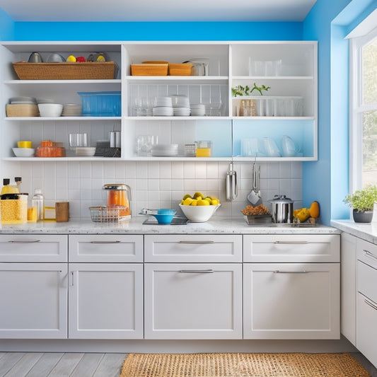 A bright, modern kitchen with sleek, white cabinets and drawers, featuring a pull-out pantry, adjustable shelves, and a utensil organizer with a mix of colorful cookware and utensils.