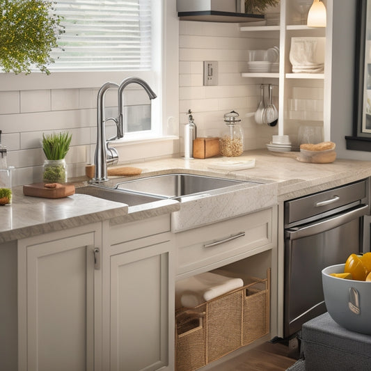 A tidy kitchen sink area with a stainless steel sink, white quartz countertops, and a wooden cabinet below, featuring a pull-out trash can, a soap dispenser, and a utensil organizer with a sponge and scrubber.