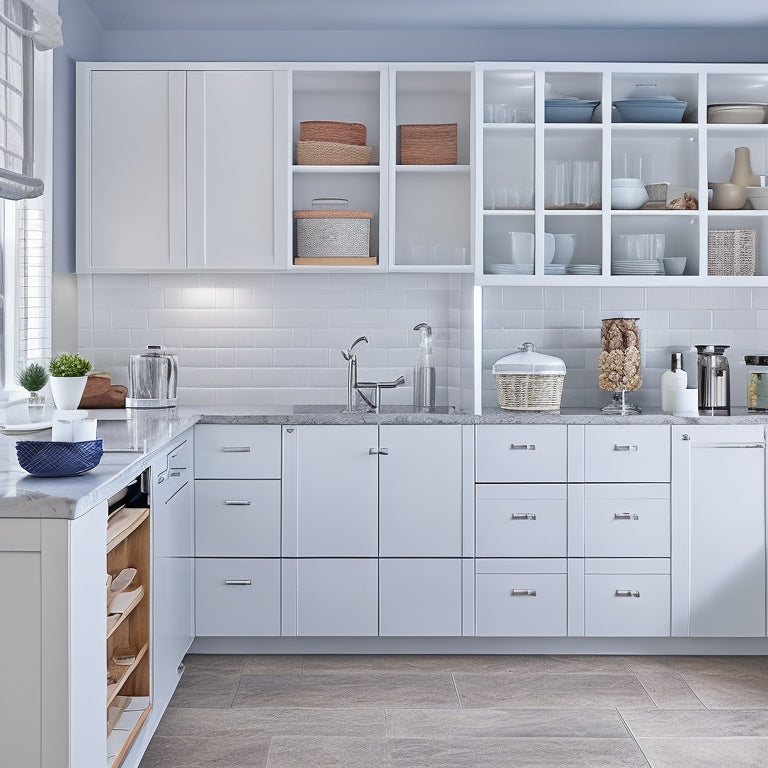 A modern kitchen with sleek, white cabinets, featuring Lynk Professional's adjustable dividers, soft-close drawers, and pull-out shelves, with cookware and utensils organized and easily accessible.