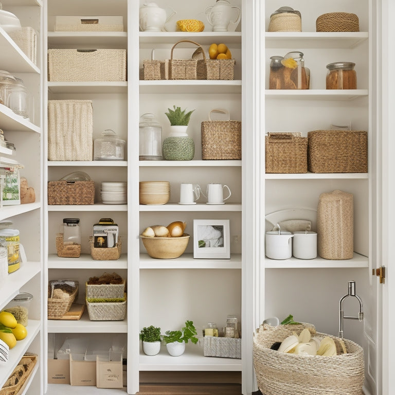 A bright and airy kitchen pantry with open shelves, featuring a few neatly arranged baskets, a small collection of cookbooks, and a few gourmet food items, surrounded by plenty of negative space.