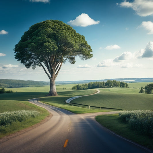 A serene landscape with a winding road, a single car in the distance, surrounded by lush green trees, and a few fluffy white clouds in a bright blue sky, conveying a sense of safety and calmness.