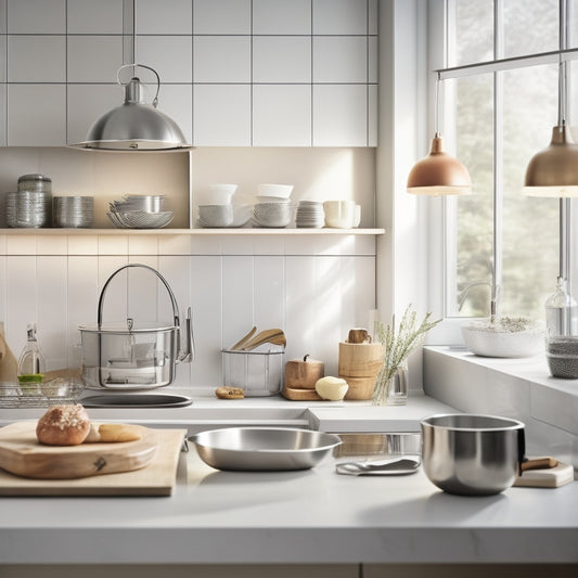 A modern kitchen with sleek countertops, featuring a stainless steel dish rack with built-in utensil holder, surrounded by sparkling dishes and a few strategically placed kitchen utensils, bathed in warm, soft light.