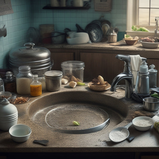 A messy kitchen sink overflowing with dirty dishes, utensils, and food scraps, surrounded by soap suds, stains, and water spots, with a faint image of a clock in the background.