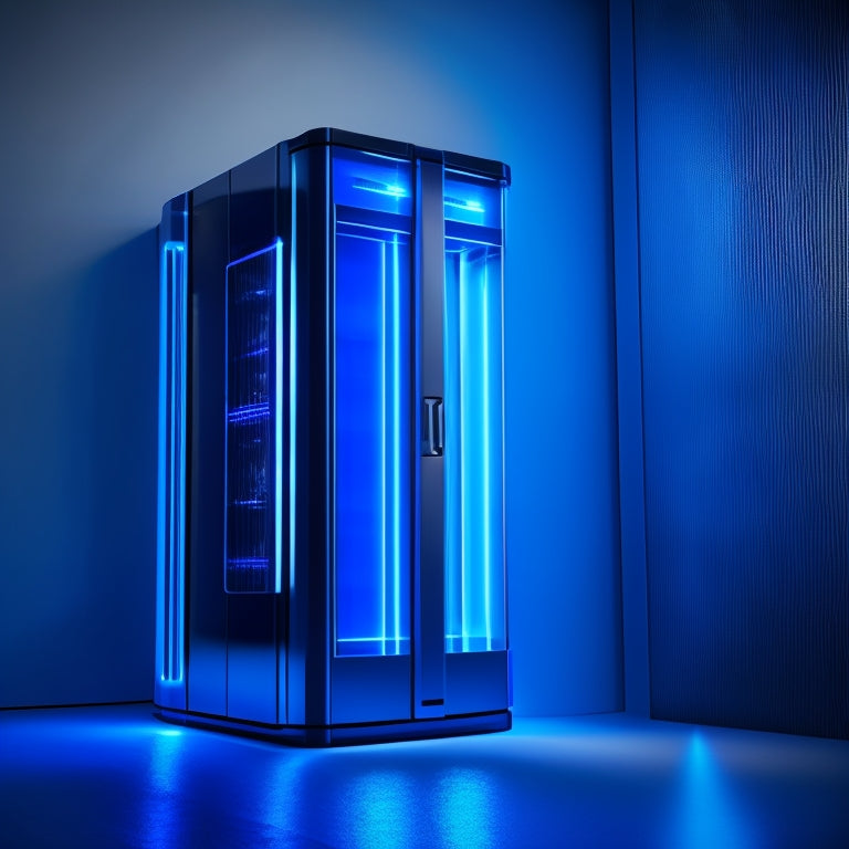 A futuristic, sleek storage unit with glowing blue LED lights, reflective metallic surfaces, and sliding glass doors, set against a dark background with subtle gradient effects.