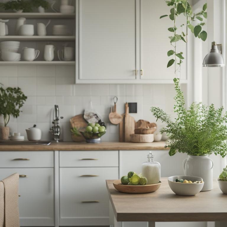 A serene, well-lit kitchen with a few, thoughtfully arranged appliances and cookbooks on a decluttered countertop, surrounded by minimal decor and a vase with fresh greenery.